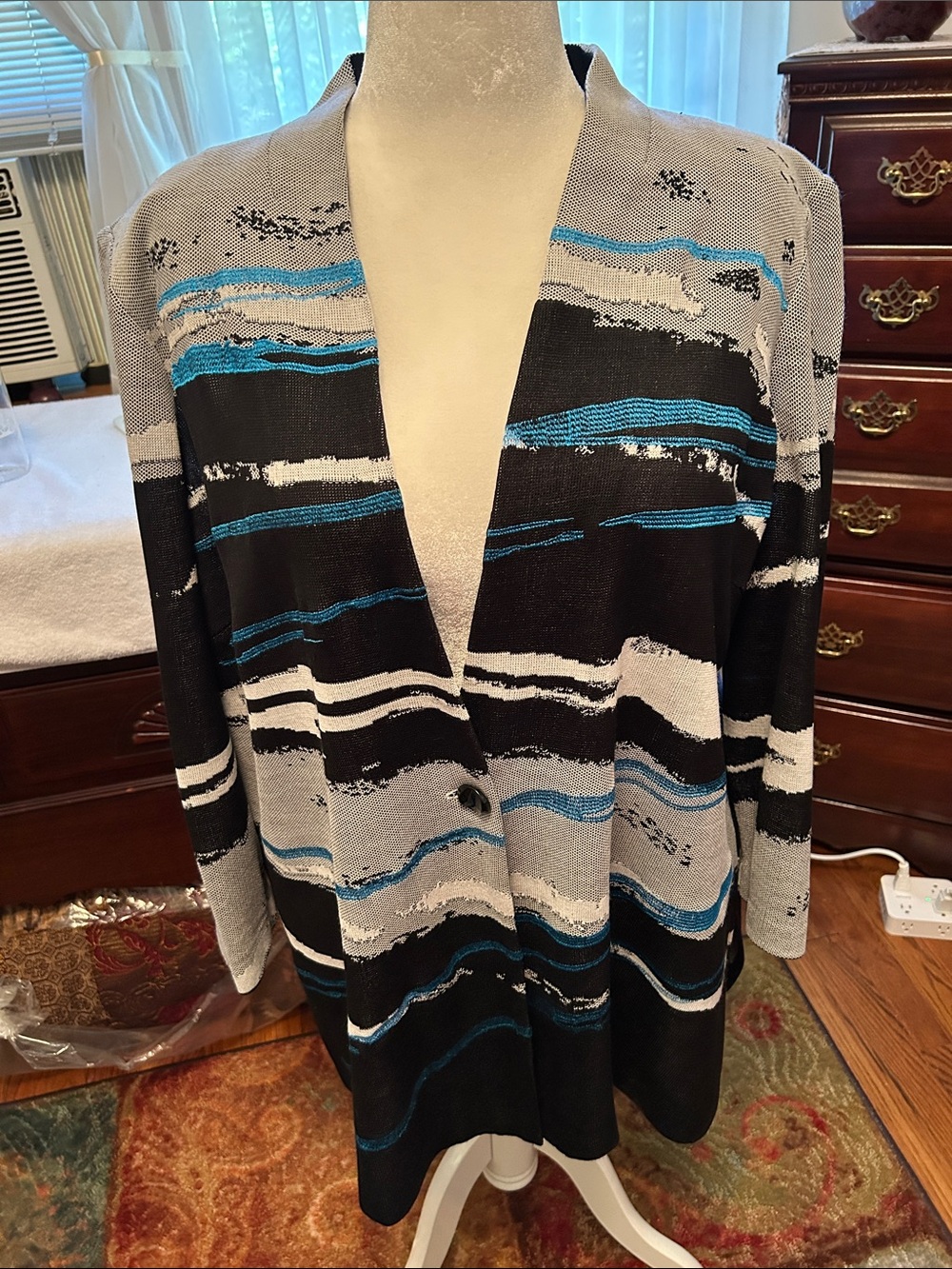 Ming Wang Black, Gray & Blue Striped Open-Front Blazer